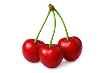 Three shiny red cherries with green stems are isolated on a transparent background, ready for use in designs