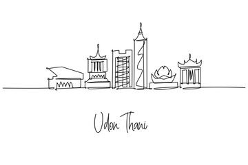 Obraz premium Udon Thani city skyline in Thailand captured as a continuous line drawing, a cityscape concept themed around Isan landmarks, temples and modern towers, ideal for travel posters and minimalist decor.