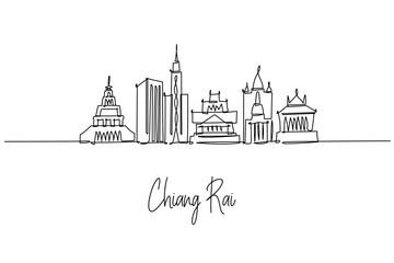 Fototapeta premium Chiang Rai city skyline of Thailand illustrated as a single line drawing, merging Lanna temples, a clock tower and modern buildings. A travel design concept with a Northern Thailand theme.