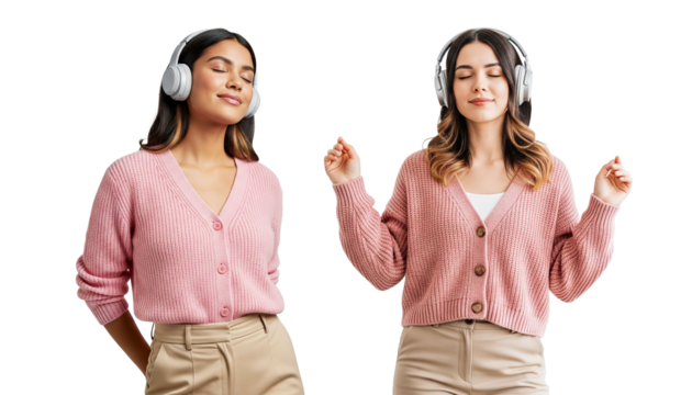 two young women with headphone and raise your hand isolated on white