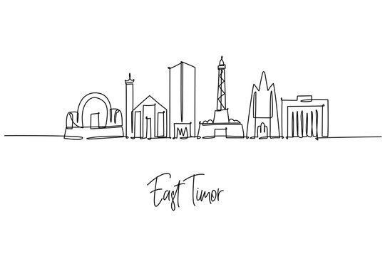 East Timor city skyline illustrated as a single line drawing, a cityscape concept themed around Timor Leste heritage, for minimalist travel art.