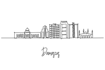 Obraz premium Damascus city skyline in Syria illustrated as a continuous line drawing, featuring iconic buildings from the Umayyad Mosque to modern towers. A cultural travel design concept with a Middle East theme.