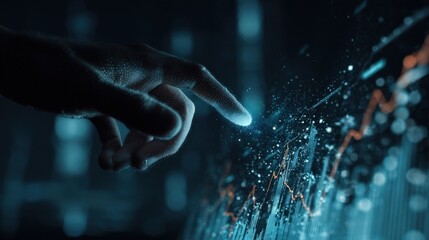 Glowing Hand Touching Data Visualization Futuristic Tech Concept Dark Blue Aesthetic.