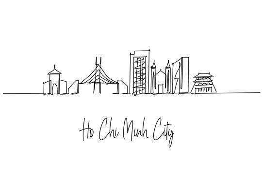 Ho Chi Minh City skyline in one line drawing, featuring Bitexco Tower, Landmark 81, Ben Thanh Market and the Saigon River bridge; an urban architecture concept with Vietnam travel theme, modern.