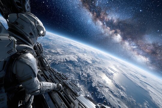 Astronaut observes Earth and galaxy from space station during a clear night