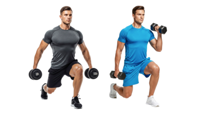 young man exercising with dumbbells isolated on white