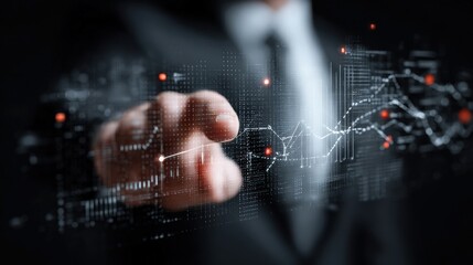 Businessmans Finger Touching Futuristic Data Visualization Business Concept Technology.