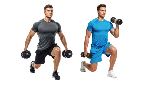 young man exercising with dumbbells isolated on white