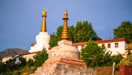 Fototapeta premium Two ornate stupas, Buddhist temple backdrop