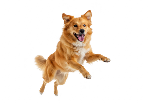A happy, energetic golden dog is captured midair as it jumps playfully, isolated on transparent background