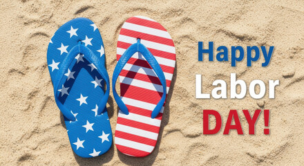 Happy labor day with flip flops on the beach sand for holiday celebration