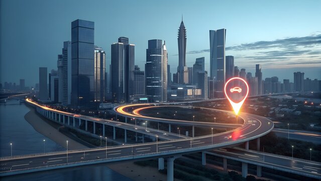 Glowing gps icon focuses on a location within an abstract 3d city, highlighting technology and navigation in motion. - Powered by Adobe