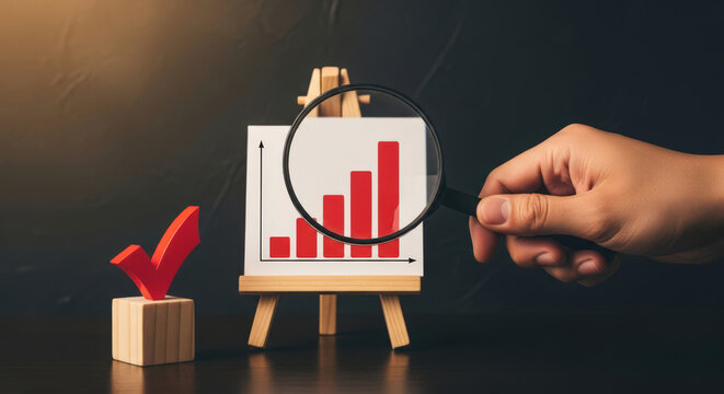 Analyzing Business Growth and Success with a Magnifying Glass Focused on a Bar Graph, Representing Data Analysis, Positive Trends, and Investment Opportunities