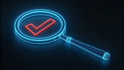 Glowing blue neon line search icon with red check mark icon isolated on black background. Search, focus, zoom, business symbol ,Magnifying glass search icon check mark concept.