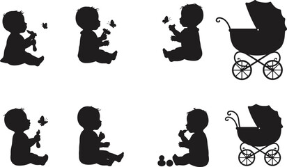 Baby silhouette icons, infant playing with toys, butterfly interaction, vintage baby stroller, vector children clipart, black and white set