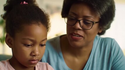 caring african american woman in glasses and young girl focused on learning activity. family bonding and support, home education. parenthood, childhood. learning and mentorship, adhd awareness month.