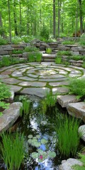 Stone-paved circular garden path, reflecting pool, lush greenery, and trees