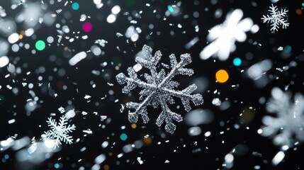Glittering snowflake on dark abstract background with bokeh lights