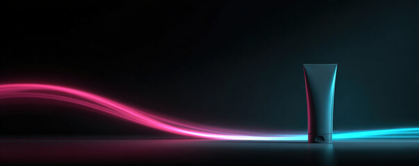 Sleek cosmetic tube stands against dark background, illuminated by vibrant neon sine wave lines in pink and cyan. modern design evokes sense of luxury and innovation