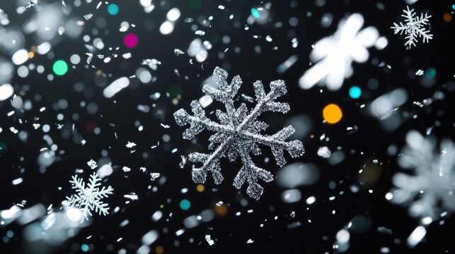 Glittering snowflake on dark abstract background with bokeh lights