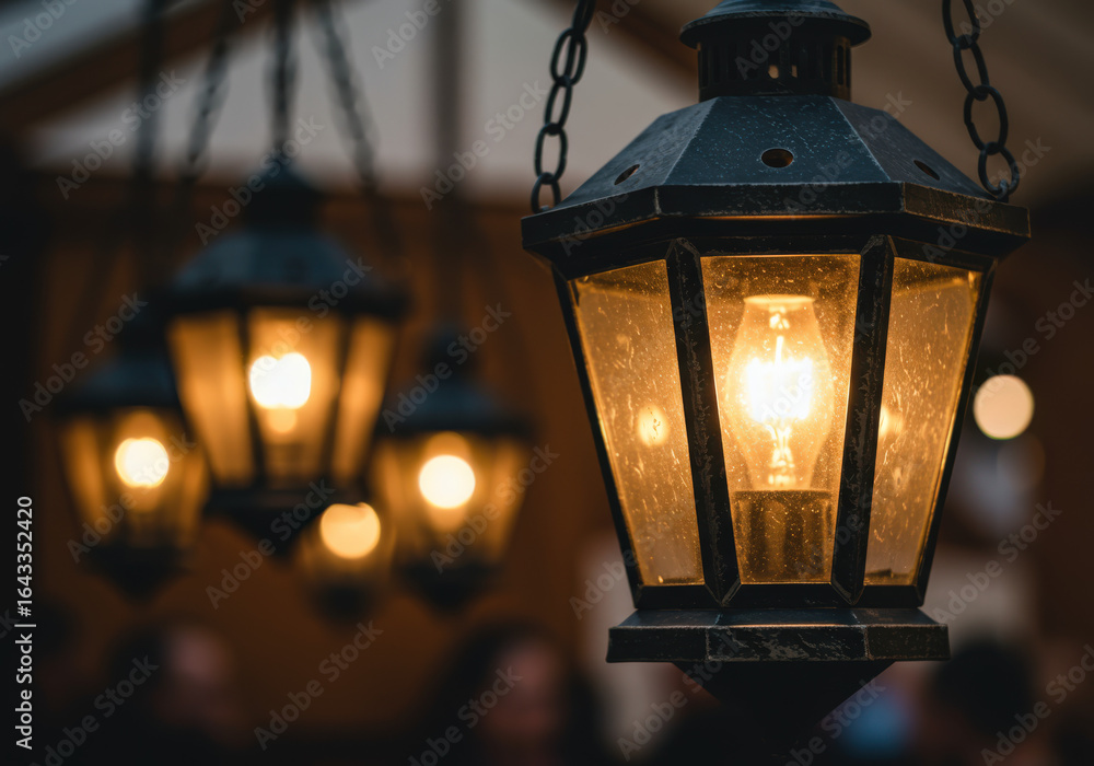 Poster a close-up of a vintage lantern glowing warmly, surrounded by softly illuminated lanterns in a cozy 