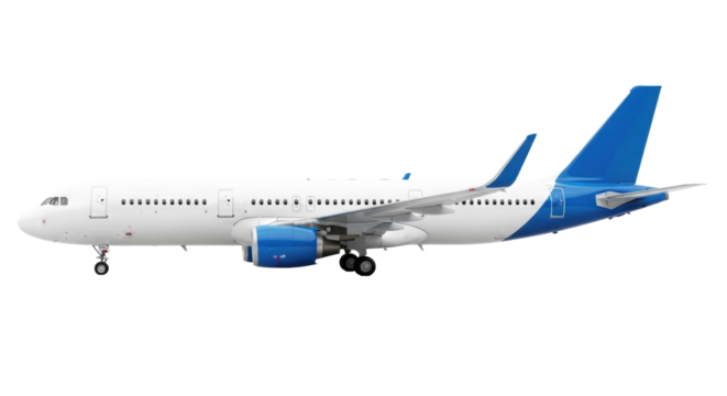 A modern commercial airplane with transparent fuselage and vibrant blue accents on wingtips, vertical stabilizer, isolated on a transparent studio background with no shadows, showcasing its