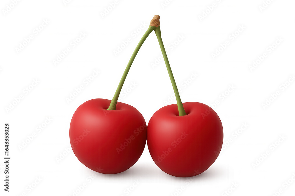 Poster 3d rendering of two shiny red cherries with green stems on a transparent background, perfect for hea