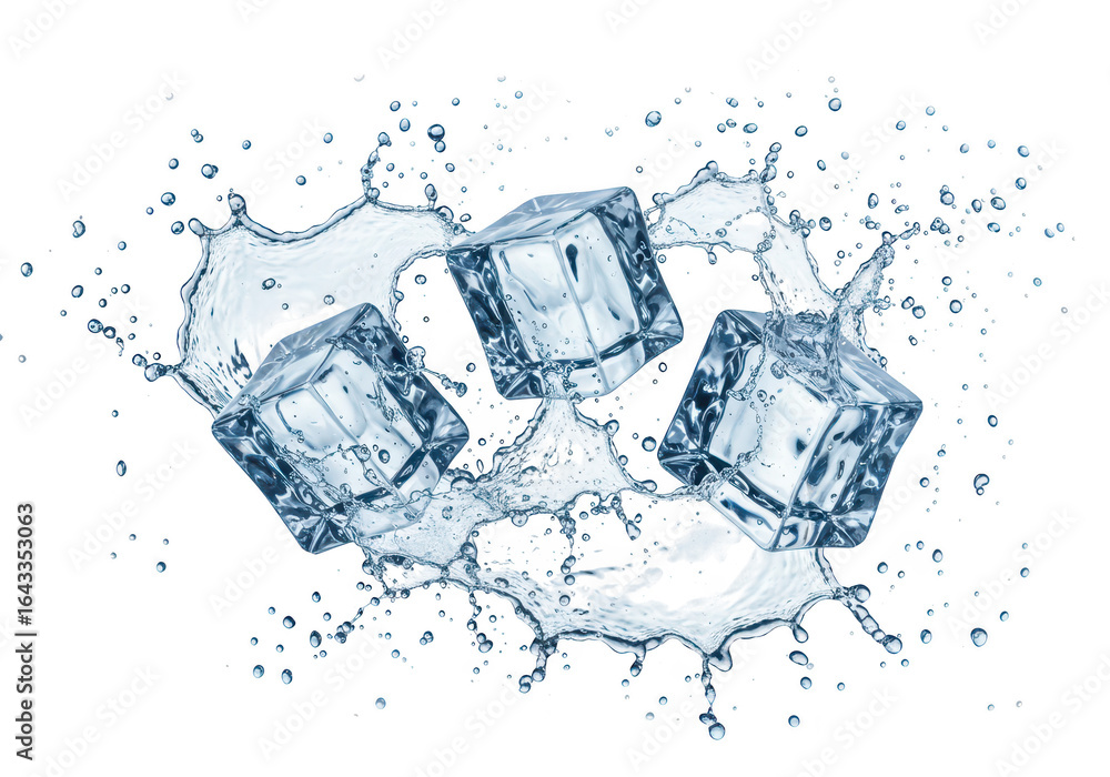Poster three clear ice cubes splashing into water, creating dynamic motion and droplets, isolated on a tran