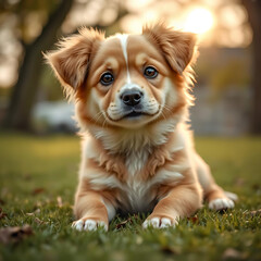 Golden retriever puppy sitting on the grass looking happy