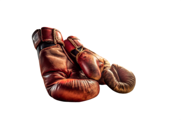 Pair of vintage red leather boxing gloves lying on a transparent background, ideal for sports equipment, training, and martial arts isolated on transparent background