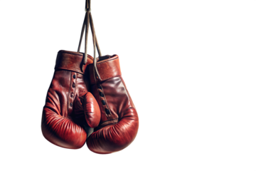 Pair of vintage red leather boxing gloves hanging on a transparent background, ideal for sports equipment, training, and martial arts isolated on transparent background