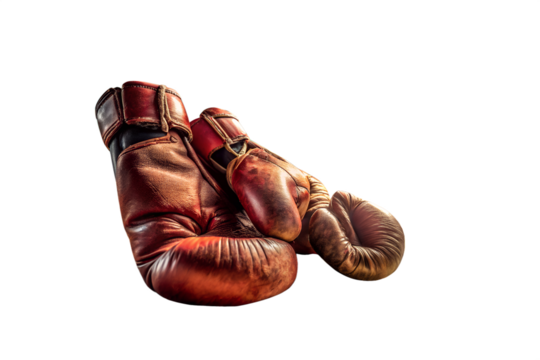 Pair of vintage red leather boxing gloves lying on a transparent background, ideal for sports equipment, training, and martial arts isolated on transparent background