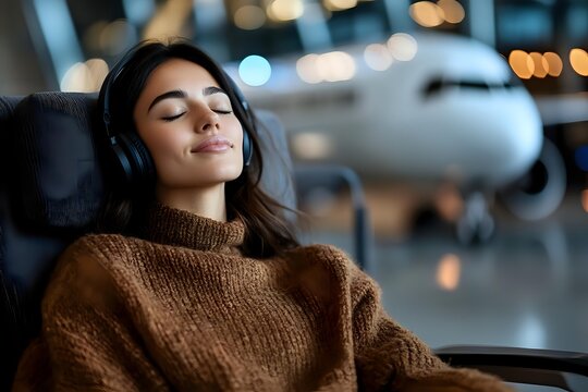Young Hispanic woman relaxing with wireless headphones in brown sweater at airport terminal, eyes closed, peaceful expression with airplane in background. - Powered by Adobe