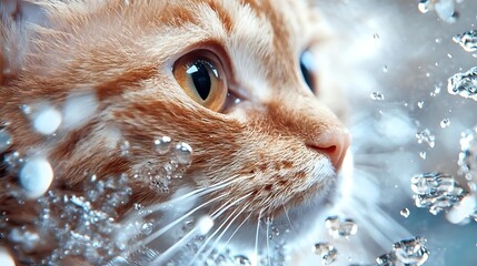 Close up of ginger cat face with water drops splashing around, bright amber eyes and wet whiskers against blue background, dramatic pet portrait.