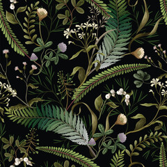 Seamless vector pattern of autumn forest plants, wild berries, clovers, herbs, ferns, and mushrooms