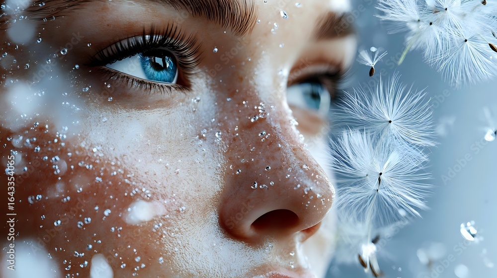 Poster Close up view of bright blue eyes with freckles and snowflakes on face against winter background with floating dandelion seeds creating dreamy atmosphere.