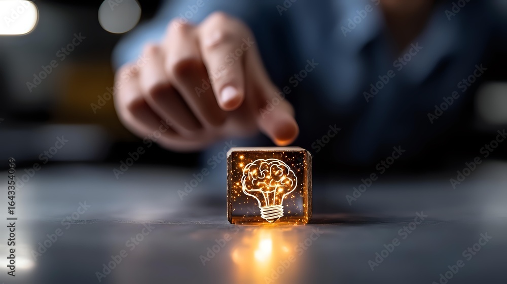 Aufkleber Glowing brain icon on transparent glass cube with hand reaching, illuminated from within on dark surface. Modern technology and artificial intelligence concept.