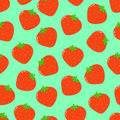 A playful pattern featuring ripe, red strawberries on a vibrant green background.