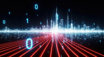 Futuristic Digital Cityscape with Binary Code and Data Streams Representing High-Speed Internet and Technological Advancement in Urban Infrastructure