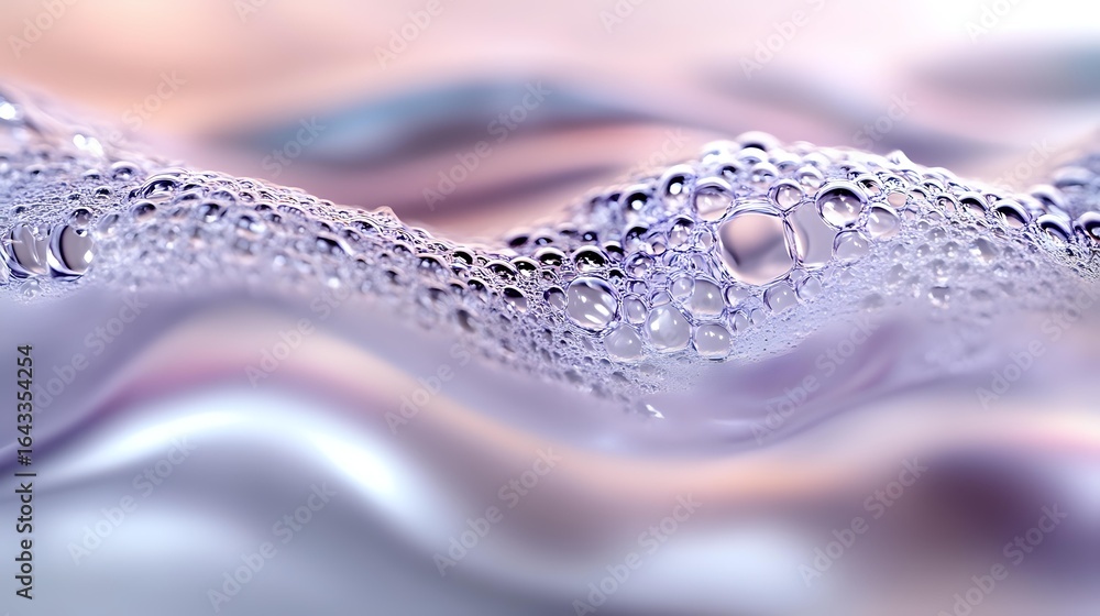 Poster water droplets and condensation on smooth wavy metallic surface with pink and purple reflections cre