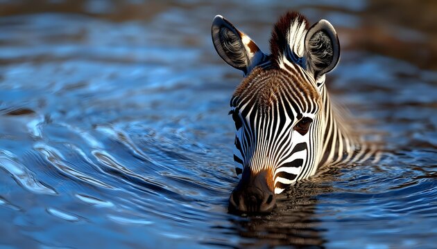 Close up portrait of zebra swimming in blue water, head above surface creating ripples. African wildlife captured during migration or river crossing. - Powered by Adobe