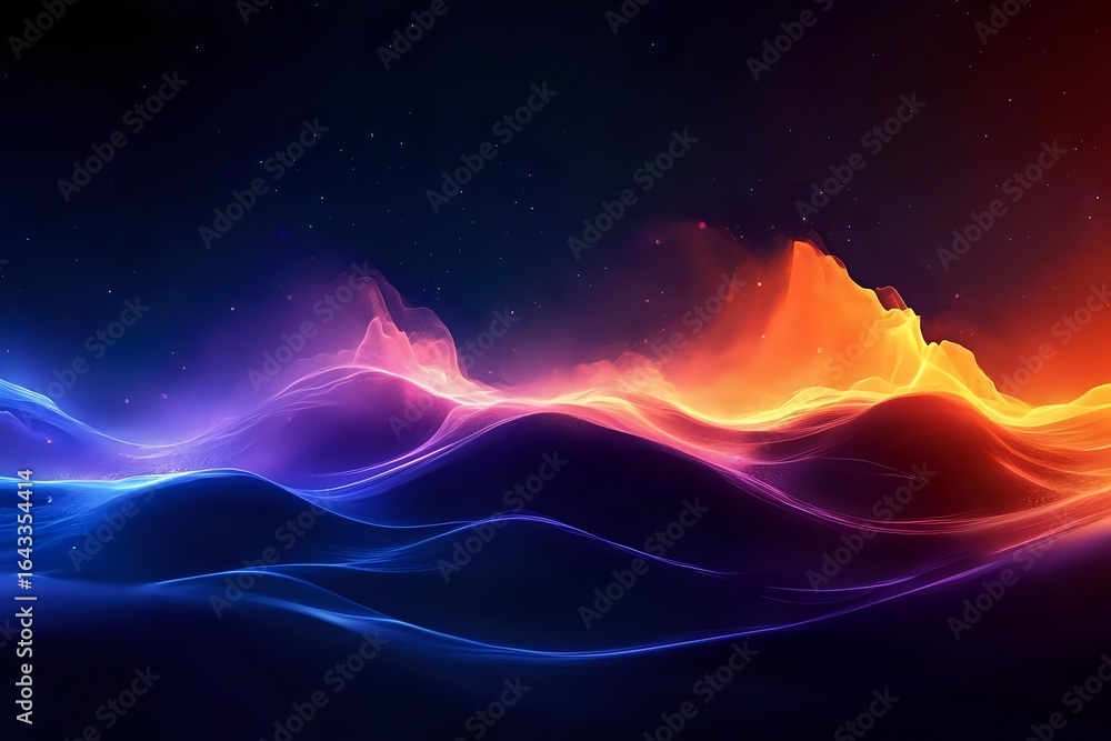 Poster abstract colorful waves of light with glowing blue, purple and orange energy streams flowing over da