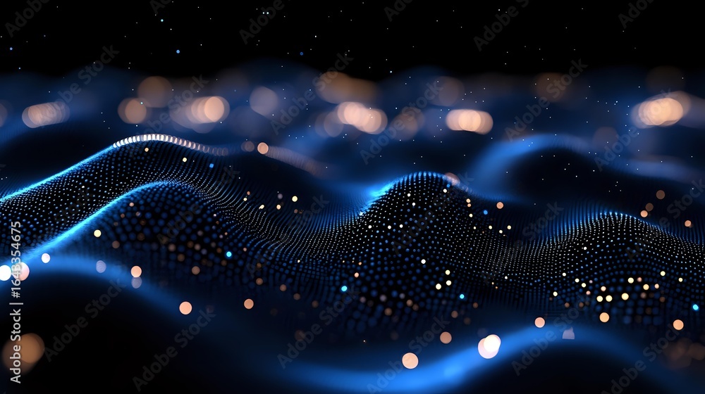 Aufkleber futuristic digital wave pattern with glowing blue particles and bokeh lights on dark background crea