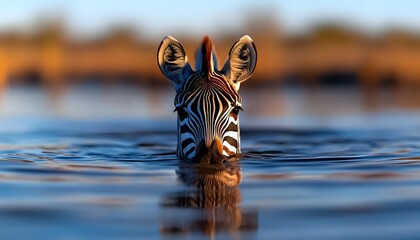 Zebra head emerging from blue water at sunset, creating dramatic reflection on rippled surface. Close up view shows detailed stripes and alert ears against blurred savanna background.