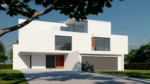 Modern Architectural Design: Luxurious White House with Garage and Landscaping