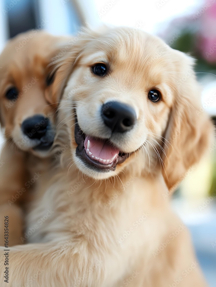 Poster smiling golden retriever puppy with happy expression and soft fur, second puppy visible in backgroun