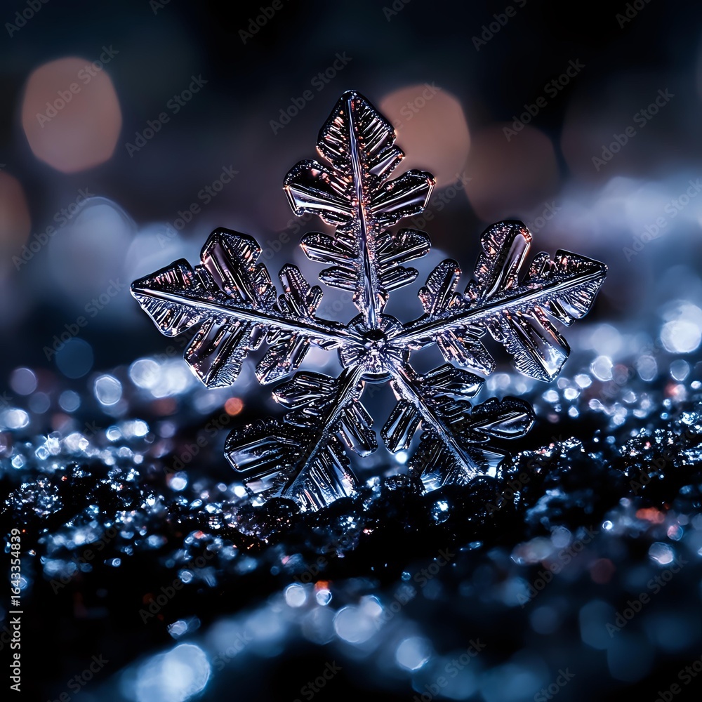 Poster Macro photography of natural snowflake crystal with intricate symmetrical pattern on dark background with bokeh lights, revealing delicate frozen structure.
