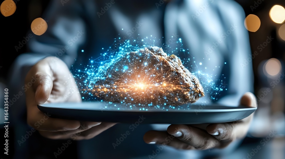 Poster digital cloud technology glowing above tablet device in businessman hands with sparkle light effect 