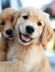 Smiling Golden Retriever puppy with happy expression and soft fur, second puppy visible in background. Close up portrait showing friendly, joyful demeanor.
