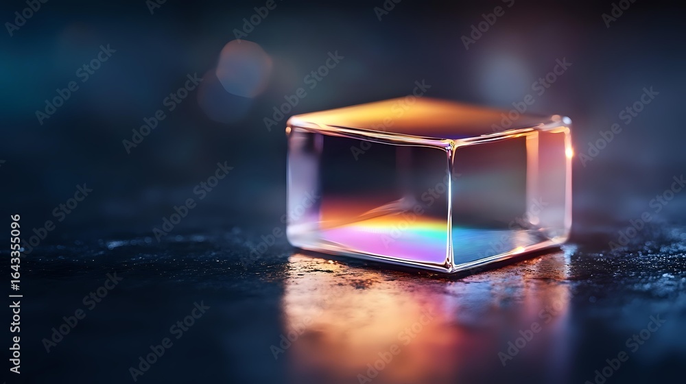 Poster Transparent glass cube with colorful light refraction and bokeh effects on dark reflective surface creates modern minimalist composition with glowing edges.